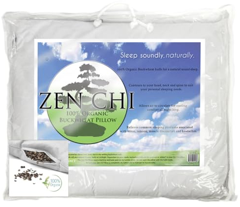 ZEN CHI Cuscino per dormire in grano saraceno biologico Queen Size (50,8 x 76,2 cm) con tecnologia di raffreddamento naturale, rivestimento in cotone con gusci di grano saraceno biologico, sonno