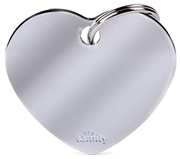 My Family Placa de Identificación personalizado para perro Made in Italy, Gran corazón en latón cromado, Placa de identificación de Perro Grabada Gratis, Aluminio, Colección Basic, 37x32 mm