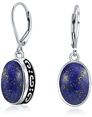 Western Stil 3Ct Oval Dome Blue Lapis Lazuli Edelstein Lünette Drop Baumelnd Lever Back Ohrringe Für Frauen .925 Sterling Silber