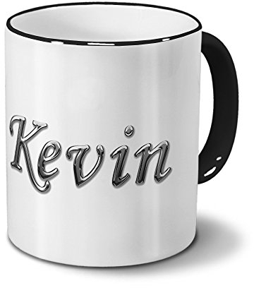 printplanet Tasse mit Namen Kevin - Motiv Chrom-Schriftzug - Namenstasse, Kaffeebecher, Mug, Becher, Kaffeetasse - Farbe Schwarz
