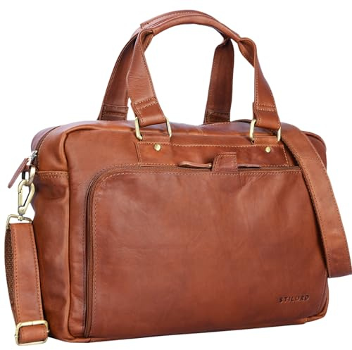 STILORD Jon Vintage Leder Umhängetasche Herren Damen Laptoptasche 15.6 Zoll für große DIN A4 Aktenordner Business Büro Arbeit Uni echtes Büffelleder Farbe:Cognac - braun