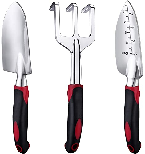 FANHAO Utensili da Giardino, Set Attrezzi da Giardino 3 Pezzi, Include Cazzuola per Trapianto, Paletta per Terreno, Rastrello a Mano (Rosso)
