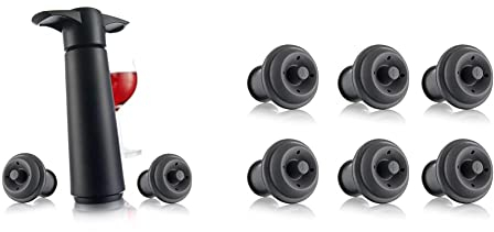 Vacu Vin Wine Saver Gift Set - Black | 1 x Vacuum Pump + 2 x Vacuum Wine Stopper & 6 Piece Stopper for Wine, Grey