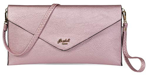 Mabel Women's Wristlets Clutch Bag - Faux Leather with Long Adjustable Strap and Fabric Lining - Evening Shoulder Purse Bag - Piper [Metallic Rose Gold]
