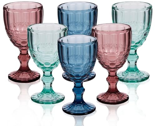 6 Piece Turquoise, Pink & Blue Coloured Wine Glass Set - Dishwasher Safe