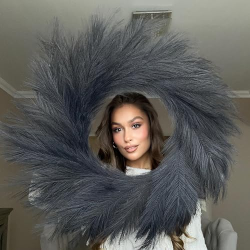 VOULUX Fluffy Artificial Large Faux Pampas Grass Wreath 27 Black Modern Feather Boho Wreath Indoor Wreaths Farmhouse Wreath Wall Decor Baby Sea Grass Wheat Wreath Black Wreaths For Front Door Wreath