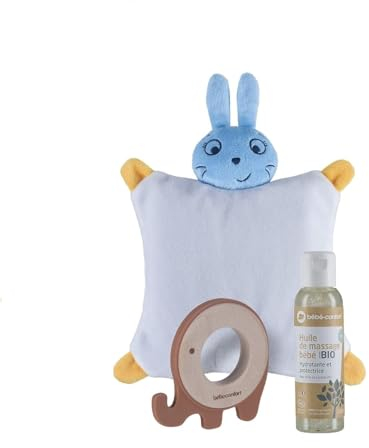 Bebeconfort Coffret Bien-Être pour Bébé - Coussin Chauffant, Anneau de Dentition en Bois et Silicone, Huile de Massage Bio 100ml - Cadeau dès la Naissance