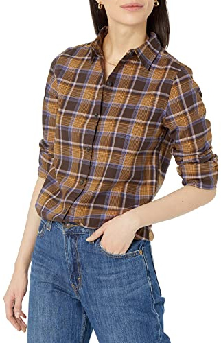 Amazon Essentials Women's Regular-Fit Long-Sleeve Lightweight Plaid Flannel Shirt, Espresso Tartan Plaid, XXL