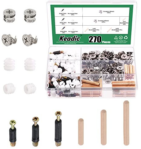 Keadic 270Pcs 3 in 1 Cam Lock Nuts and Wood Dowel Pins Assortment Set Furniture Connecting Fittings Nut Screws Bolts Fasteners Connectors for Cabinet Drawer Dresser Wardrobe Furniture Panel ( Silver)