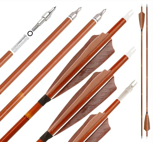 31 Zoll Carbonpfeil mit 4 Zoll Natürliche Feder 500 Jagdpfeile mit austauschbarer Pfeilspitze für Compound und Recurve-Bögen, 12/6 Stück (12 Stück, braun)