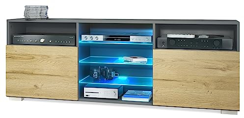 Vladon TV-Board Granada, Lowboard mit 2 Türen und 6 offenen Fächern, Korpus Anthrazit matt, Fronten in Eiche Natur mit RGB LED-Beleuchtung (146 x 54 x 35 cm)