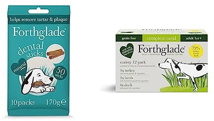 Forthglade Dog Dental Sticks, Colour, 50 Sticks & Complete Natural Wet Dog Food - Grain Free with vegetables Variety Pack (12 x 395g) Trays - Turkey, Lamb & Duck - Adult Dog Food 1 Year+