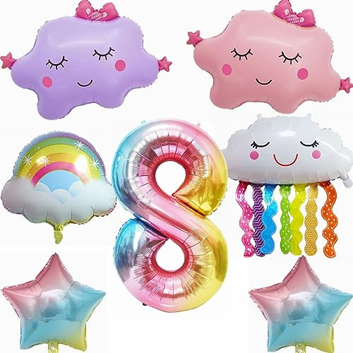 Yunchu Online 8. Regenbogen Geburtstagsdeko Set für Mädchen: 9 Stück, inkl. Ballons, Quasten, Sterne & Strohhalm - perfekt für 8. Geburtstag, Kindergeburtstage & mehr