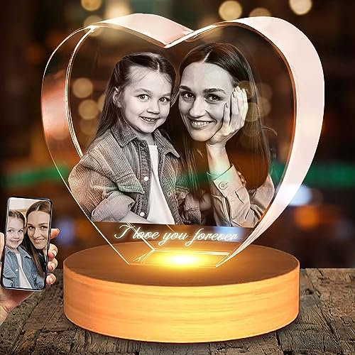 Emoragifou Personalisierte 3D Foto Glas, 3D Glasfoto mit Leuchtsockel, 3D Kristall Foto Glasbilder Fotogeschenke mit Lasergravur, Personalisierte Geschenke für Frauen, Freundin, MäNner, Mama, Papa