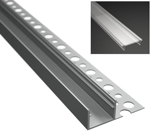 2m LED Fliesenabschluss Profil, Trockenbau Rigibs Einputzprofil FLIESE-14L für Led Streifen bis 14mm + Abdeckung klar (2m Profil Abdeckung klar)