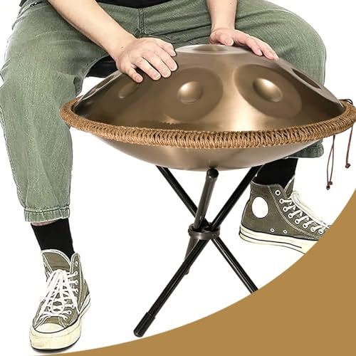QWPDWA 440 Hz Handpan Stahltrommel 9/10/12 Noten 22 Zoll Gold Performer in D-Moll mit Handpan Ständer, Handpan Case Gold 10 Notes