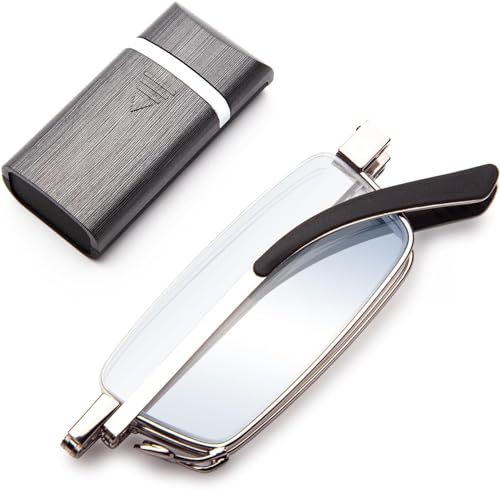 Amorays Faltbare metal Lesebrille Mini Tragbare Lesebrillen with Hartschalen-Etui Anti-Blaulicht für Damen und Herren 1166(Grau,+2.00)