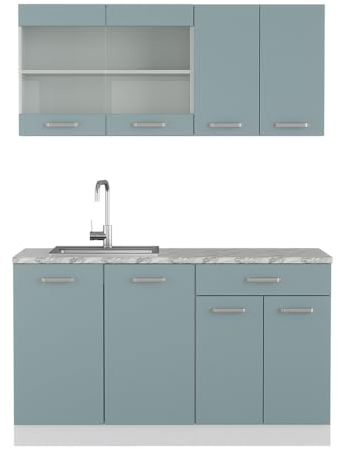 Vicco Singleküche R-Line, Küchenzeile Single, Blau-Grau/Weiß, 140 cm, AP Marmor