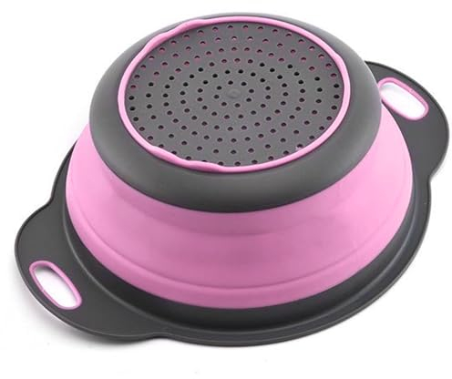 Pink Round Silicone Collapsible Colander – Small Silicone Round Kitchen Strainers with Plastic Handles Foldable Kitchen Strainer Perfect for Draining Pasta Vegetable and Fruit