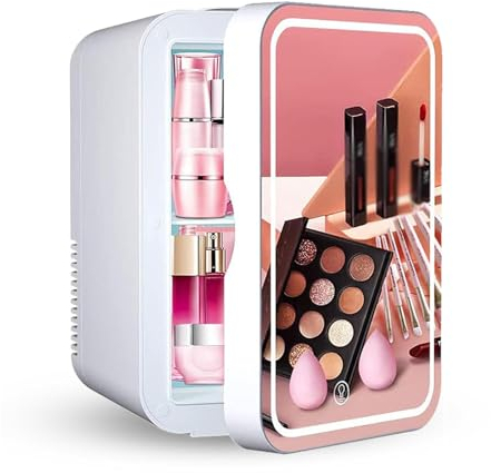 HAZARA Nevera PequeñA Habitacion, Con Espejo Led, Capacidad 8L Frigorifico PequeñO, RefrigeracióN Y CalefaccióN,12v/ 220v Nevera De Maquillaje, Para Dormitorio, Oficina Y Coche,White