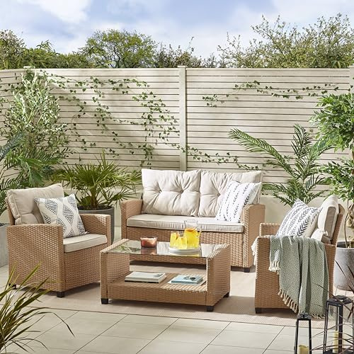 Furniturebox UK 4 Seater Outdoor Garden Furniture Sofa Set Arizona - Rattan-Effect PE 2 Seat Garden Sofa + 2 Armchairs + Coffee Table - Beige Cushions