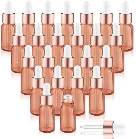 Mirrline 24 Pcs Pink Glass Dropper Bottles Essential Oils Dropper Bottles with Rose Gold Caps & 3 Plastic Droppers & 1 Funnel for Cosmetic Liquid - 10ml