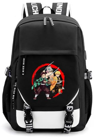 Unisex Backpack with USB Charging Port Anime Theme Demon Tanjiro Nezuko Slayers Laptop Daypacks Black School Bag