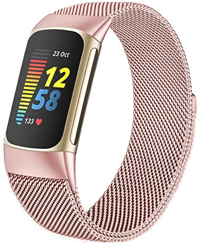 omee Compatible with Fitbit Charge 6/Charge 5 Strap for Women Men, Magnetic Clasp Stainless Steel mesh Loop Adjustable Metal Band Replacement for Charge 6/Charge 5 Advanced Fitness & Health Tracker