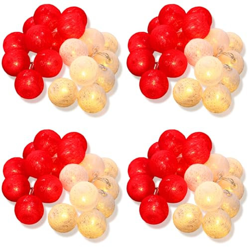 VIHOSE 4 Pack 10 FT 20 LED Cotton Ball String Lights, Battery Operated Christmas Fairy Lights Mini Ball Paper Lantern String Lights for Christmas Tree Wedding Party Bedroom Decor(Red,White)