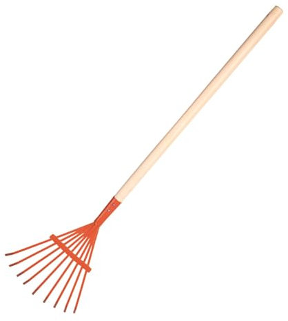 Kinder Gartenrechen Metall mit Holzstiel, Kinder Garten Spielzeug Laub Rechen Fächerbesen (Orange)