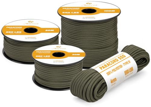 Abma Cord 550 Paracord 4mm 100m Rope 7 Strands Type III Parachute Cord for Crafting, Camping, Survival, Outdoor - Max. 250kg - Army Green