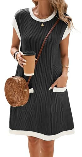 Famulily Women's Summer Sundress Trendy Color Block Cap Sleeve Beach Party Dresses with Pockets S-XXL