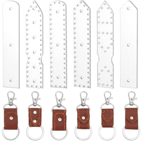 WEBEEDY 6 Arten Leder Schlüsselanhänger Acryl Schablone klar Schlüsselanhänger Muster Schablone Erwachsene Anfänger Wiederverwendbare Leder Schablone für DIY Schlüsselketten Craft DIY Tool (10x2cm)