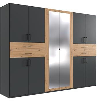möbelando Drehtürenschrank >Taiga< 10-türig, 2 Spiegel, 4 Schubladen, Maße 270/208/58 cm, Moderne Optik in Graphit & Artisan Eiche Dekor, zerlegt, Made in Germany, viel Stauraum