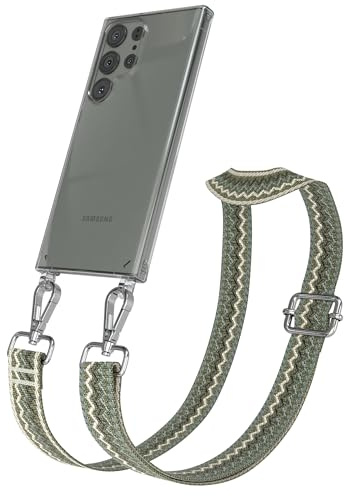 EAZY CASE Handykette - Verstellbares Taschenband kompatibel mit Galaxy S23 Ultra, Schulterriemen, Handykordel mit Silikon Hülle, Umhängetasche, Grün Beige Silber