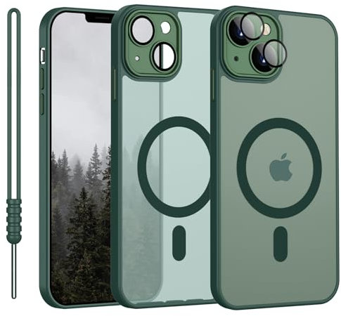 YUANDMI Cover Magnetica per iPhone 13 Compatibile con MagSafe, Custodia Per iPhone 13 Traslucida Opaca Case Ultra-Sottile Silicone Anti-Scivolo Resistente ai Graffi, Verde Scuro