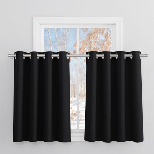 PONY DANCE Blackout Eyelet Curtains, Black, 2 Panels, 46 x 36 Inch | Thermal Insulated 36 Inch Drop Curtains for Small Windows, Super Soft Blackout Drapes for Kitchen, Study, Office or Caravans