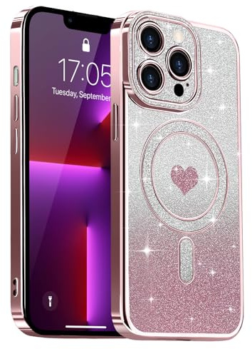 Lafunda Magnetic for iphone 13 Pro Case Glitter, Pink | Compatible with Magsafe, Luxury Plating Sparkle Cute Heart Pattern Case for Women Girls, Glossy Soft TPU Shockproof Cover