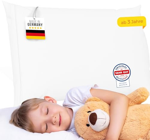 Rosenkern® Kinderkissen ab 3 Jahre - [Made in Germany] - Kopfkissen Kinder - [flach & höhenverstellbar] - Kissen 40x60 - [100% Baumwollbezug & atmungsaktiv]