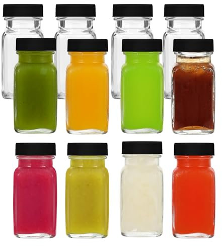 LIMILI 12pcs 60ml Glass Shot Bottles with Lids, Reusable Small Clear Ginger Bottles, Wide Mouth Leakproof Mini for Drinking, Dishwasher and Fridge Safe