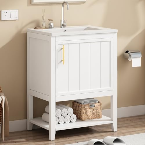 SUKY Mueble de baño individual para lavabo de 60 cm con lavabo de cerámica con estante, MDF, 61 x 47 x 87 cm, color blanco