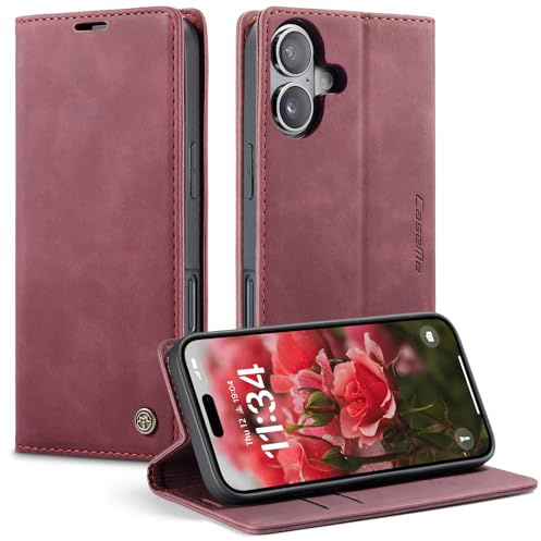 GerlWorld Hülle für iPhone 16, Leder Klapphülle Wallet, Weinrot | PU-Leder Wallet Case mit Kartenfächern, Standfunktion und stoßfester TPU-Schale – für Alltag, Arbeit und Reisen.