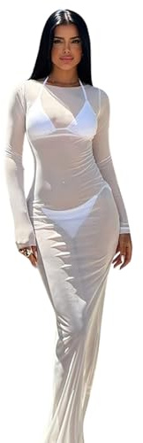 THSCWY Sexy See-Through Mesh Transparent Off Shoulder Dresses for Women Bodycon Sheer Club Cover Up Maxi Long Sleeve Bodysuit