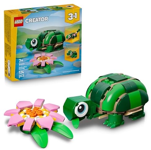 LEGO Creator 3in1 Turtle with a Water Lily Flower Toy - Animal Figure Transforms into a Chameleon or Frog - DIY Desk Decor Idea - Birthday Gift for 7+ Year Old Girls & Boys - 31377