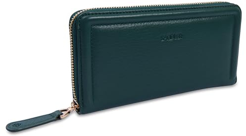 SADDLER Beatrice Leather 19cm 2 Section RFID Purse Wallet, Green | Multiple card slots and a coin pocket offer spacious organisation, tissue-wrapped in a gift box with YKK metal zippers.