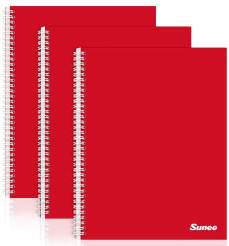 SUNEE A4 Squared Notebook, Pack of 3 Notepads, Wirebound Notebooks, 100 Sheets / 200 Pages, 80gsm 5mm Squared Paper, 4-Hole Punched and Perforated Edge, Red