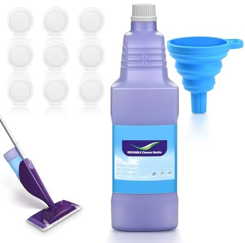 KTNAid 1250ml Refillable Replacement Bottle for Flash® Power Spray Mop™ with 9 Sealing Pads and 1 Folding Funnel, 42 FL OZ Leak-Free HDPE Solution Bottle (Empty Only)
