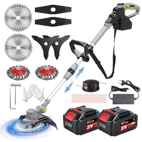 Desbrozadora Electrica 21V, Desbrozadora Bateria 5 En 1 Brushless Cortabordes Bateria con 2 Baterías 4,0Ah, Cortabordes Electrico con Cepillo de Malas Hierbas, Tubo Telescópico, Gris