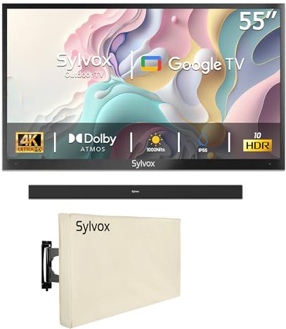 SYLVOX 43 Pouces TV Extérieur avec Housse et Barre de Son Étanche Extérieur - 4K UHD Luminosité 1000Nits, Smart Google Outdoor TV Étanche IP55, Dolby Audio, Wi-FI, Google Assistant (Deck Pro 2.0)
