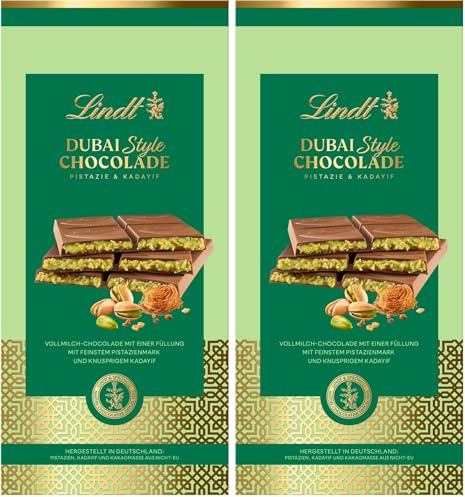Lindt Tableta de chocolate Dubai Style con chocolate con leche, crema de pistacho y kadayif (Paquete de 2)